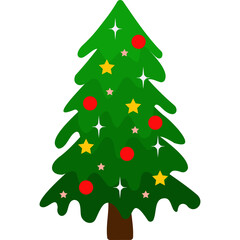 Green Christmas Tree Decorated With Red Ornaments Yellow Stars And Pink Accents On A Transparent Background
