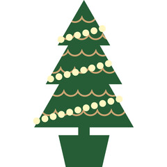Green Christmas Tree Decorated with Yellow String Lights and Baubles in a Dark Green Pot Against a White Background