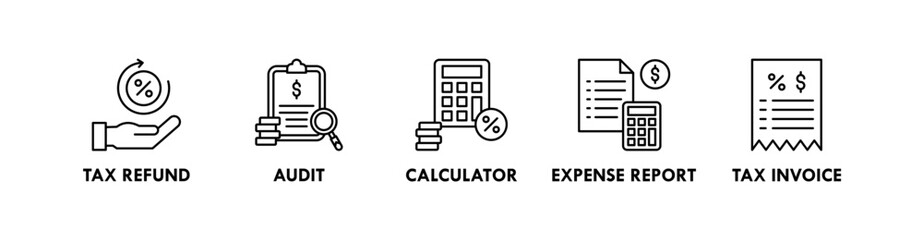 Tax and Audit banner web icon illustration concept with icon of tax refund, audit, calculator, expense report, and tax invoice