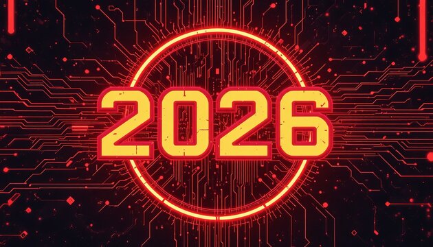 Dynamic 2026 year countdown with futuristic digital circuit board background