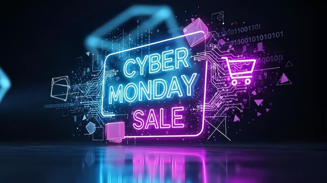 Cyber Monday sale neon sign. Discount promotion for online shopping. Digital advertising with shopping cart and circuits. Festive promotion concept.