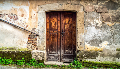 Rustic Wooden Doorway with Weathered Stone Facade