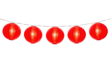 Five red paper lanterns hanging on a string isolated on transparent background