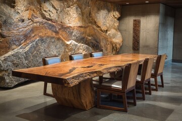 A large live edge wooden dining table with chairs sits before a stone wall.