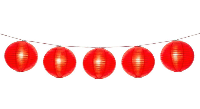 Five red paper lanterns hanging on a string isolated on transparent background
