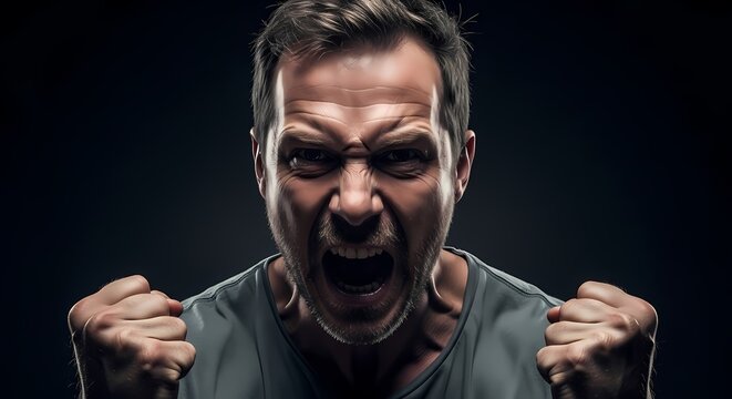 Angry man shouting with clenched fists, isolated on dark background, emotional stress expression