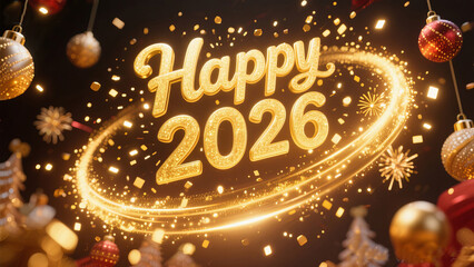 Happy 2026 gold text with festive ornaments and glowing lights for holiday greetings