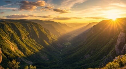 Golden Hour Sunset Over Lush Green Canyon Valley
