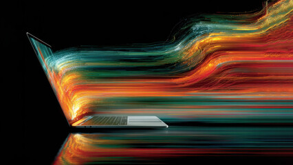 Laptop glowing in the dark with vibrant multicolor data streams, abstract light ribbons, swirling code and graphs, creating dynamic tech and creative visuals.
