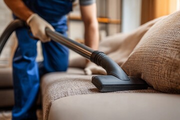 Home service worker cleans behind couch in modern living room Generative AI