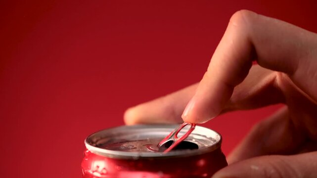 Close-up shot of a hand opening a cold soda can on a red background. Refreshing beverage concept with water droplets, fizz, and metallic texture. Perfect for drink and advertising themes.