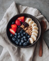 Smoothie bowl topped with berries and granola served on linen Generative AI