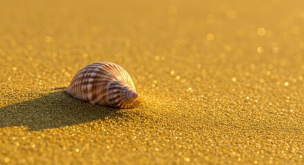 Golden Seashell on Glistening Sand Beach