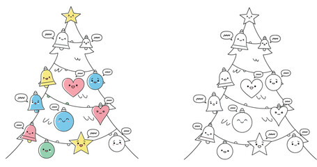 Adorable Kawaii Christmas Tree Doodle with Cute Facial Expressions - Playful Holiday Cartoon Illustration for Festive Designs