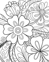 Black and White Floral Pattern with Swirls and Leaves