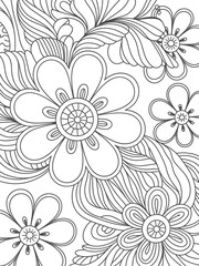 Black and White Outline of Blooming Flowers and Swirls