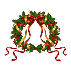 Festive Christmas wreath with red bow and gold ribbons for holiday decor