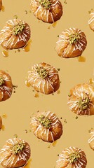 Pakhlava placed on a honey gold background, dish from Azerbaijan, minimalist food photo, template for social media, digital ads, web banners, mobile wallpapers, greeting cards