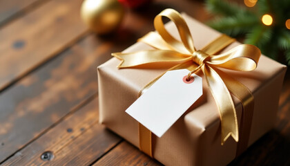 Festive gift box with golden ribbon and tag for christmas celebration and holiday gifting ideas