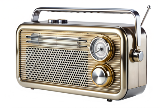Isolated antique radio with a classic speaker and tuner dial on a white background, representing vintage broadcast technology, media, and sound equipment