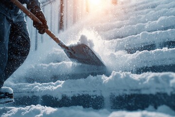 Shoveling snow from steps in the early morning light Generative AI
