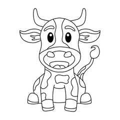 Funny Cow Cartoon, Hilarious Sitting Animal Illustration outline style