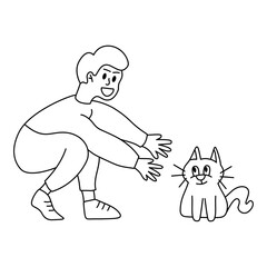A Guy Hugging His Cat, Heartwarming Illustration outline style