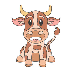 Funny Cow Cartoon, Hilarious Sitting Animal Illustration filled style