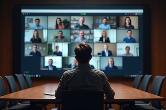 Person Sitting in Virtual Boardroom with Multiple Video Feeds on Large Screen