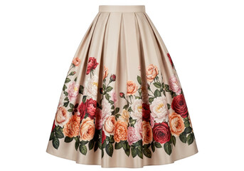 Elegant beige midi skirt with a vibrant floral print isolated on transparent background