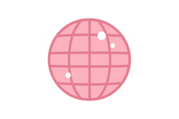 Pink globe icon featuring a grid pattern and small circular holes, presented on a transparent background