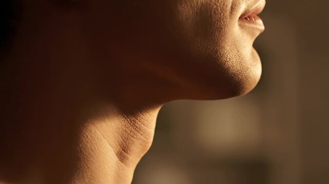 Detailed view of human skin texture on the chin and neck in golden light.