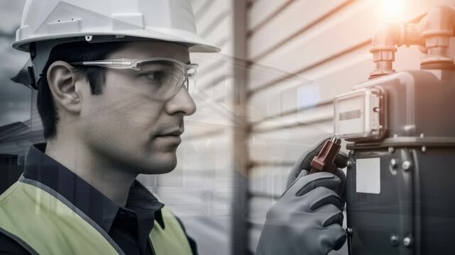 Man in hard hat inspecting gas meter with tools for infrastructure maintenance and safety footage