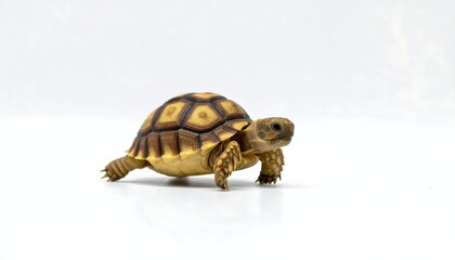 Fototapeta premium Young tortoise walking on a white surface