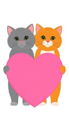 Fototapeta premium Two cute cartoon cats holding a pink heart