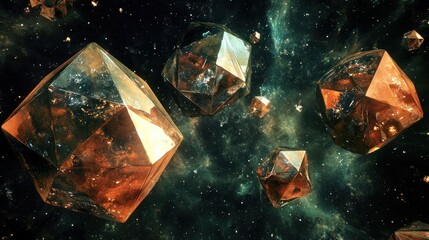 A collection of differently sized, metallic platonic solids (icosahedron, dodecahedron), floating in a dark void, reflecting faint nebulae, geometric abstract