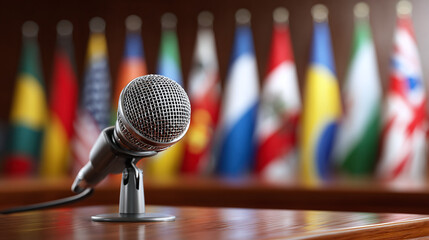 Microphone on podium with blurred international flags in background. Press conference for global relations, international cooperation and political leadership.