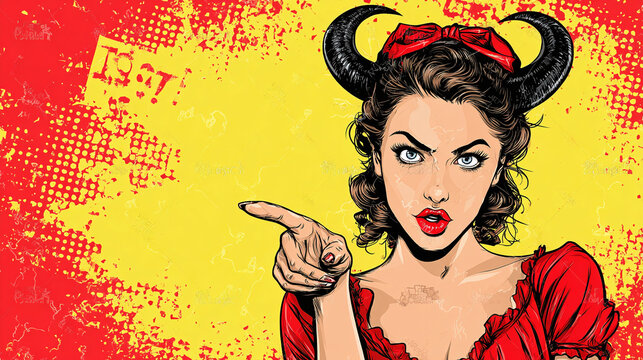 Woman devil in pop art style with horns and red dress. Retro pin-up girl for Halloween party invitation, horror event poster.