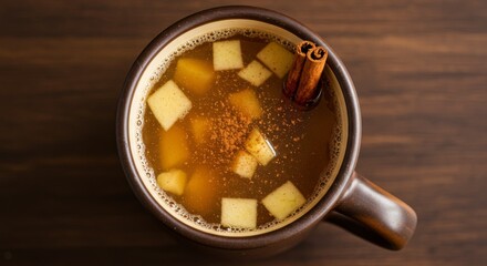 Warm Apple Cider with Cinnamon in Brown Mug