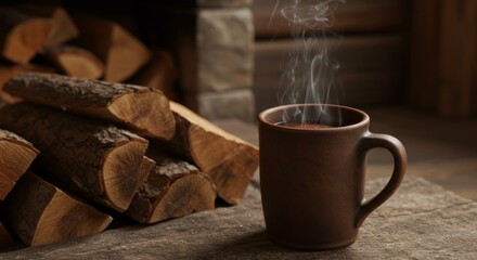 Warm Rustic Mug of Coffee by Fireplace