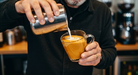 Barista Pouring Milk into Coffee Cup Latte Art