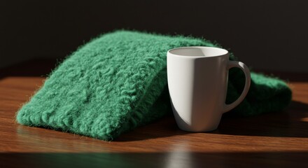 Teal Knitted Sweater and White Mug on Wooden Table