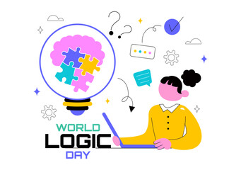 World Logic Day Vector Illustration Featuring Creative Thinking, Analytical Mind, Puzzle, Decision Making, and Smart Brain in a Flat Background