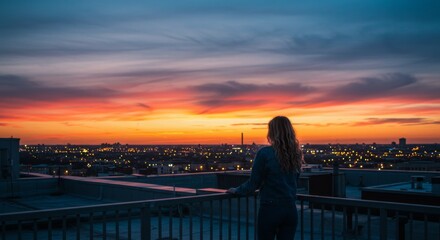 Woman Silhouetted Against Vibrant Sunset Cityscape