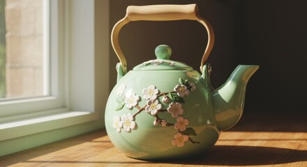 Pastel Green Floral Teapot on Wooden Surface by Window
