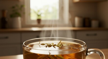 Warm Herbal Tea in Glass Mug on Kitchen Counter