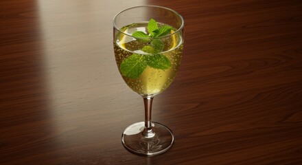 Refreshing Yellow Drink with Mint in Glass on Wooden Table