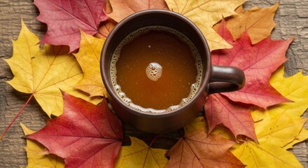 Warm Autumn Drink Surrounded by Colorful Maple Leaves