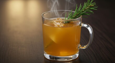 Warm Amber Cocktail with Spruce Garnish in Glass Mug
