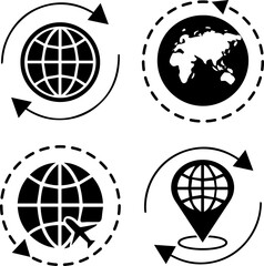 Minimalist Solid Black Global Concept Icon Set — Travel, Connectivity, Location, and Care Glyphs for Modern Interface and Branding